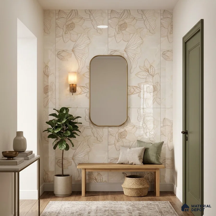 Scandinavian foyer with floral patterned wall tiles, light wood bench, and oak wood flooring