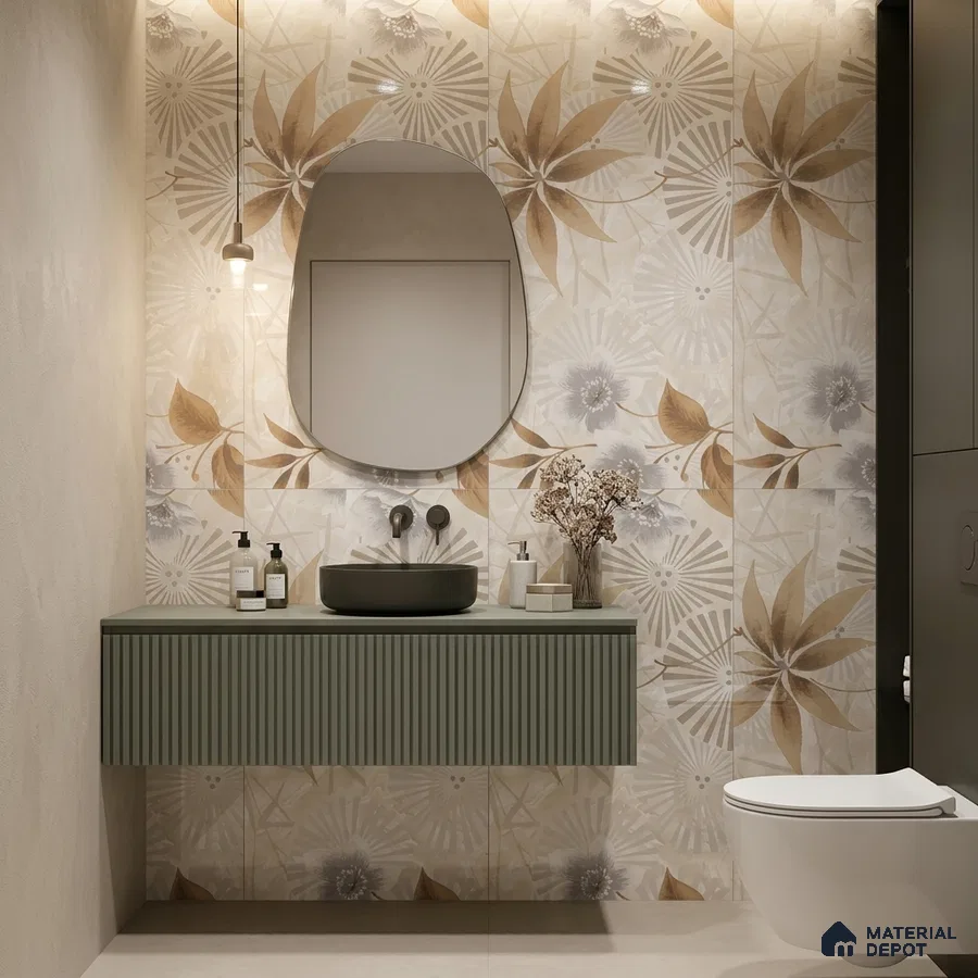 Modern bathroom with floral patterned wall tiles and sage green fluted vanity laminate