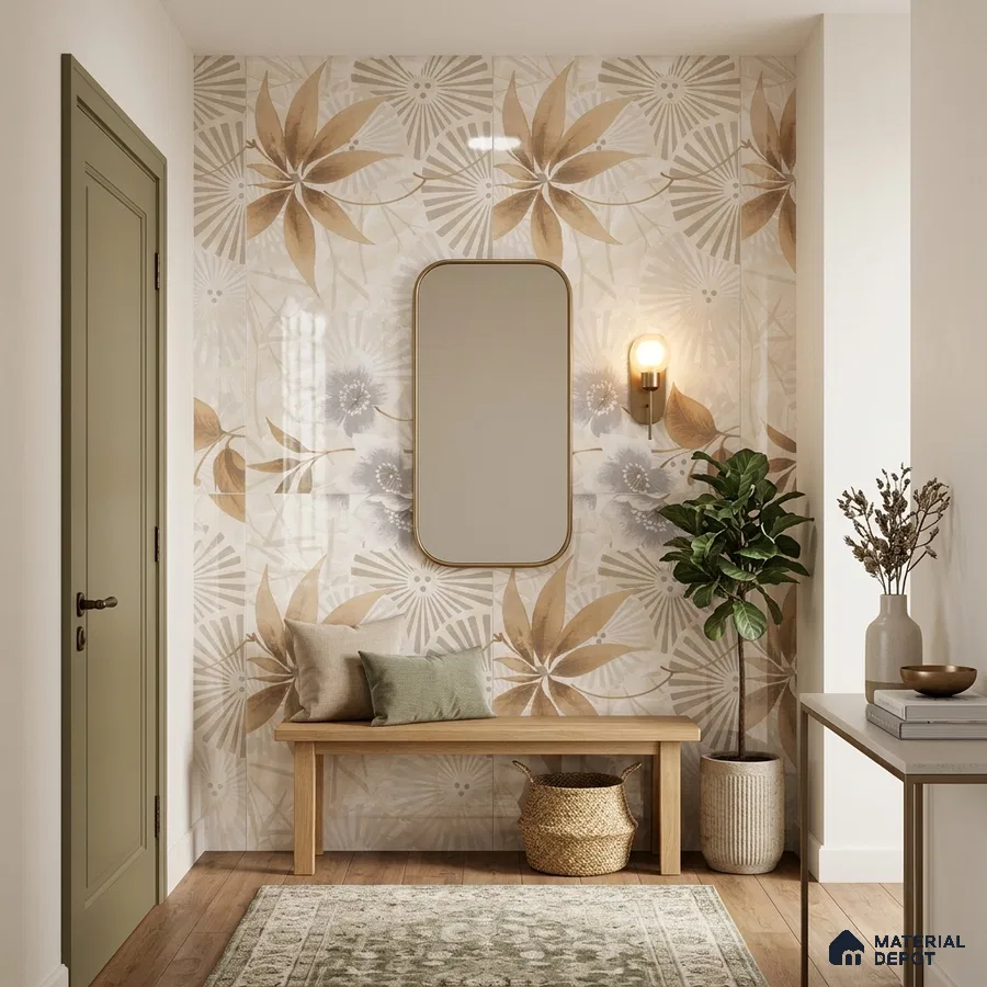 Scandinavian foyer with floral patterned tile, natural wood bench, and light oak flooring