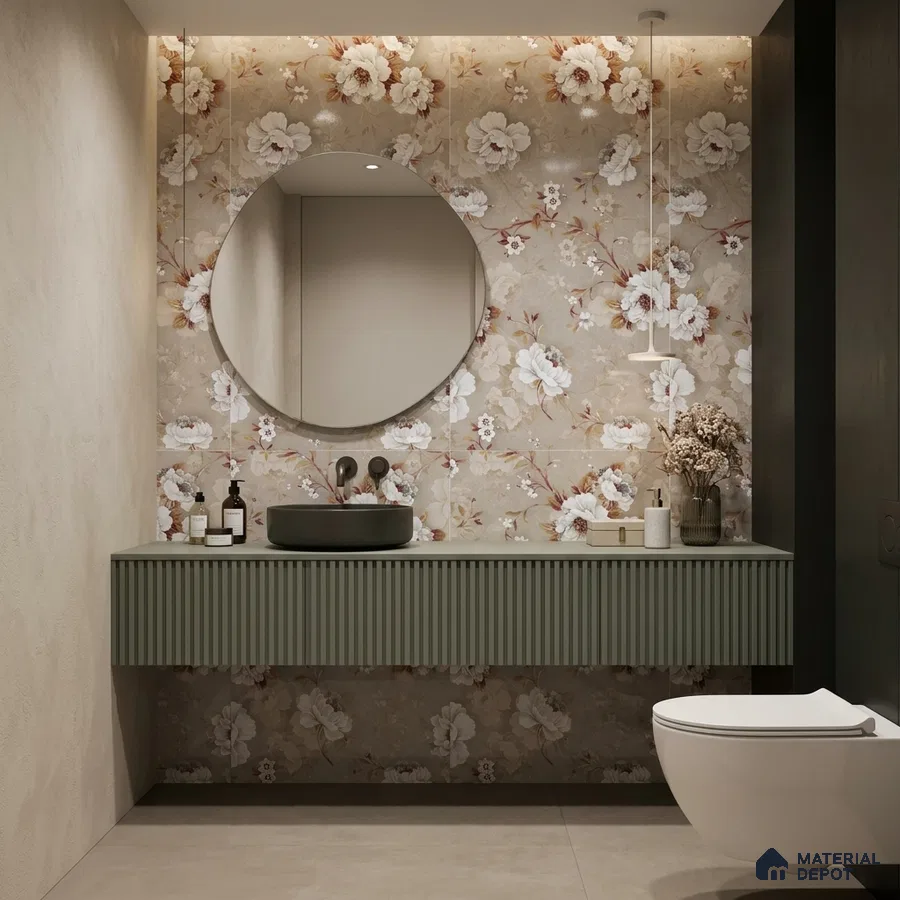 Modern bathroom with floral highlighter wall tile and sage green fluted vanity laminate