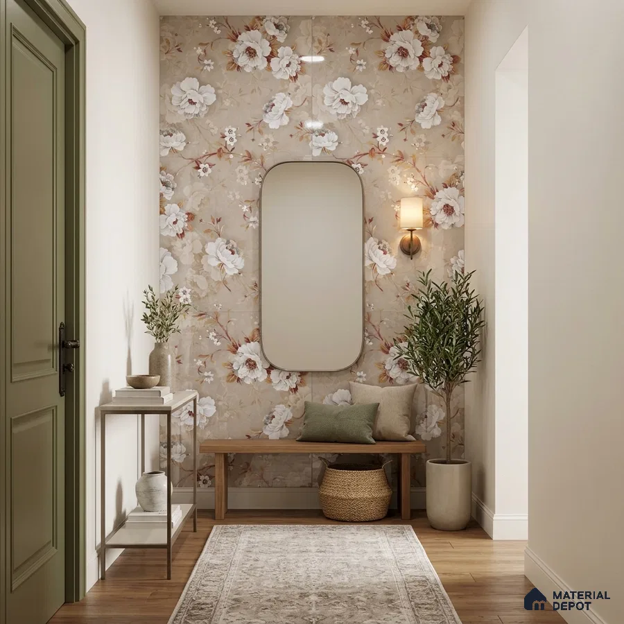 Scandinavian foyer with beige floral tile, light wood bench, and oak wooden flooring