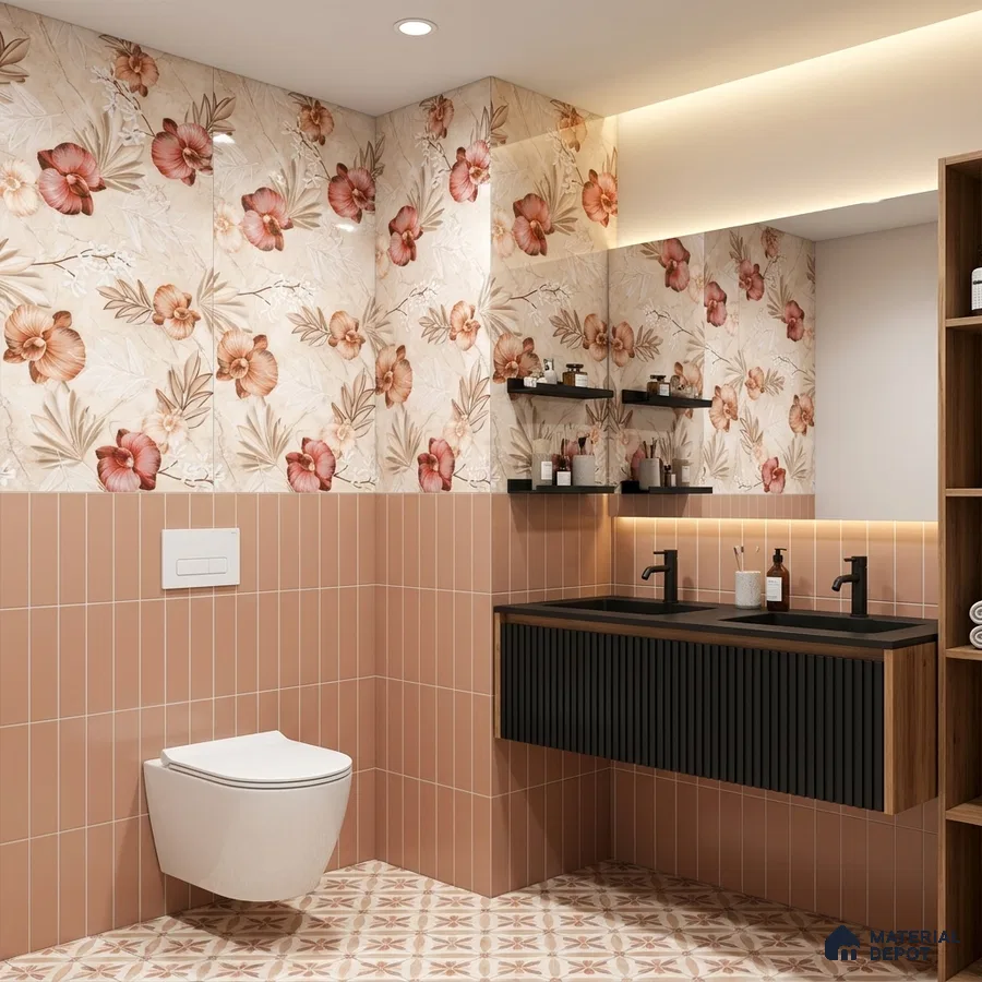Modern bathroom with floral highlighter wall tiles, peach vertical subway wall tiles, and patterned floor tiles