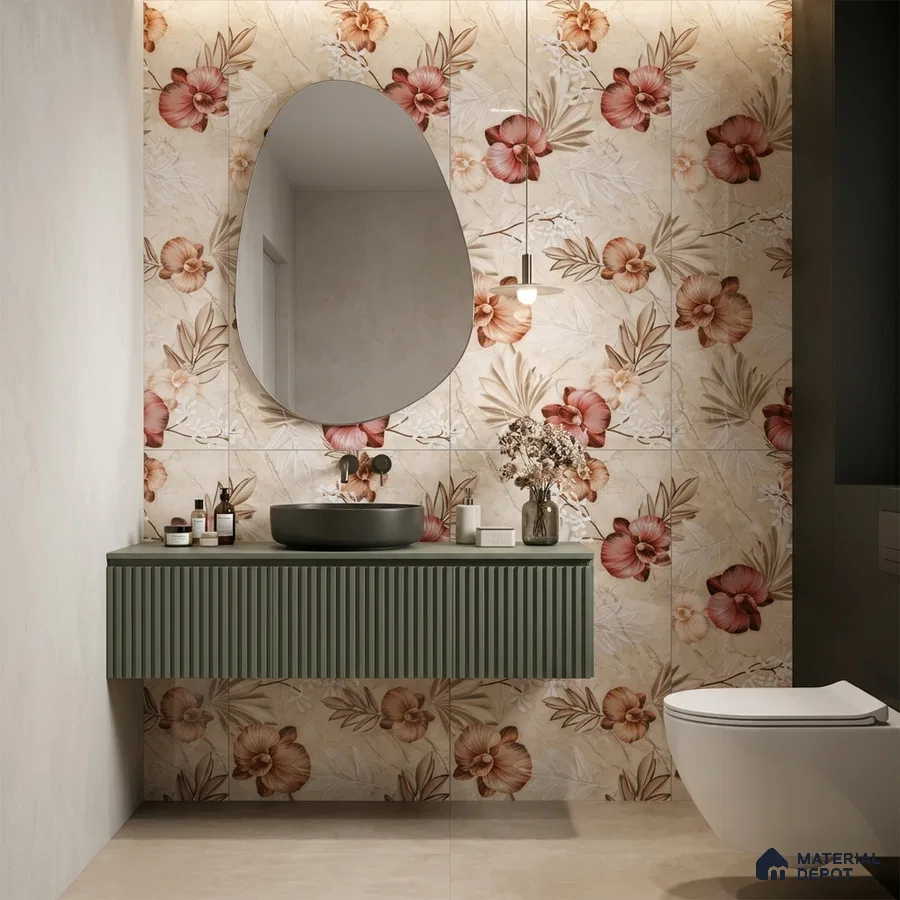 Modern bathroom with floral highlighter wall tiles and olive green fluted vanity