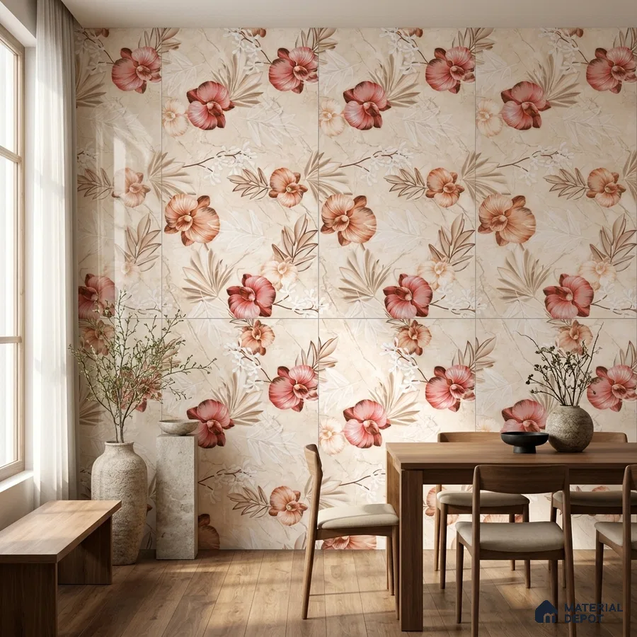 Modern dining room with floral patterned wall tiles and natural wood flooring