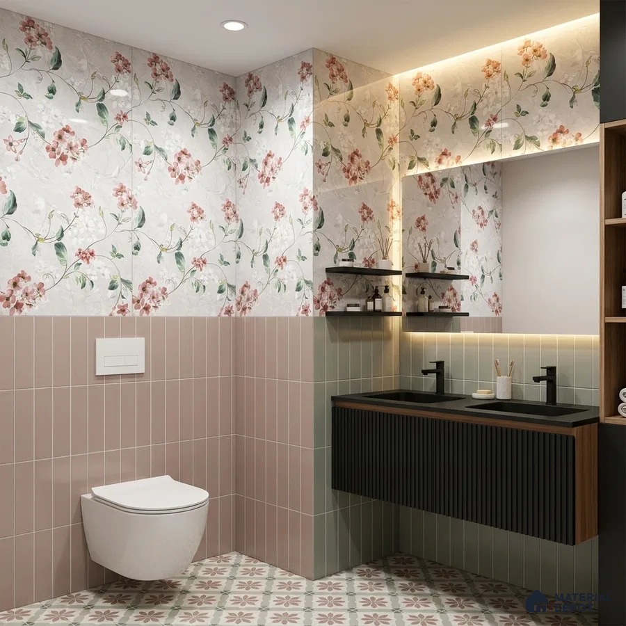 Modern bathroom with floral highlighter wall tiles, blush pink vertical subway wall tiles, and patterned floor tiles