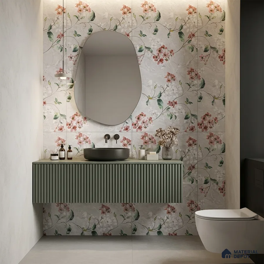Modern bathroom with floral patterned wall tiles and sage green fluted vanity laminate