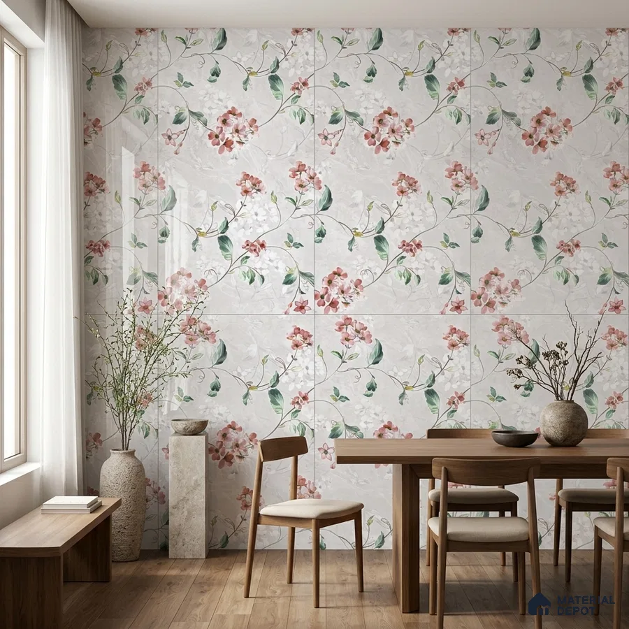 Scandinavian dining room with floral patterned wall tiles and natural wood flooring
