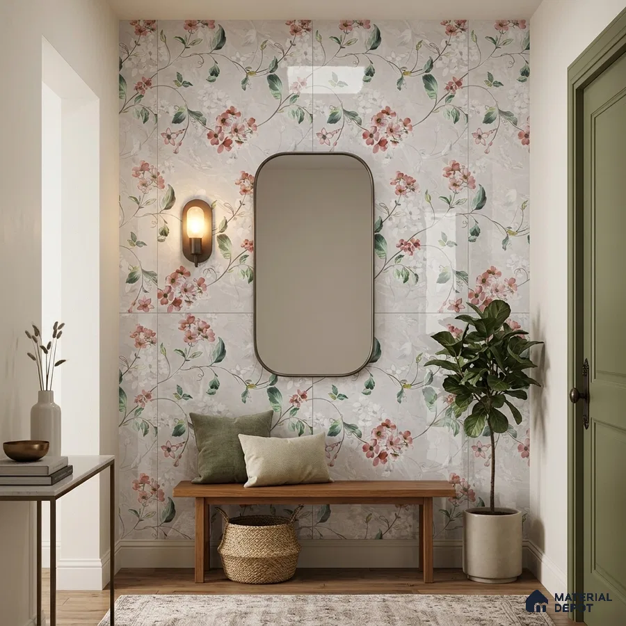 Modern foyer with floral patterned wall tiles and wooden bench seating