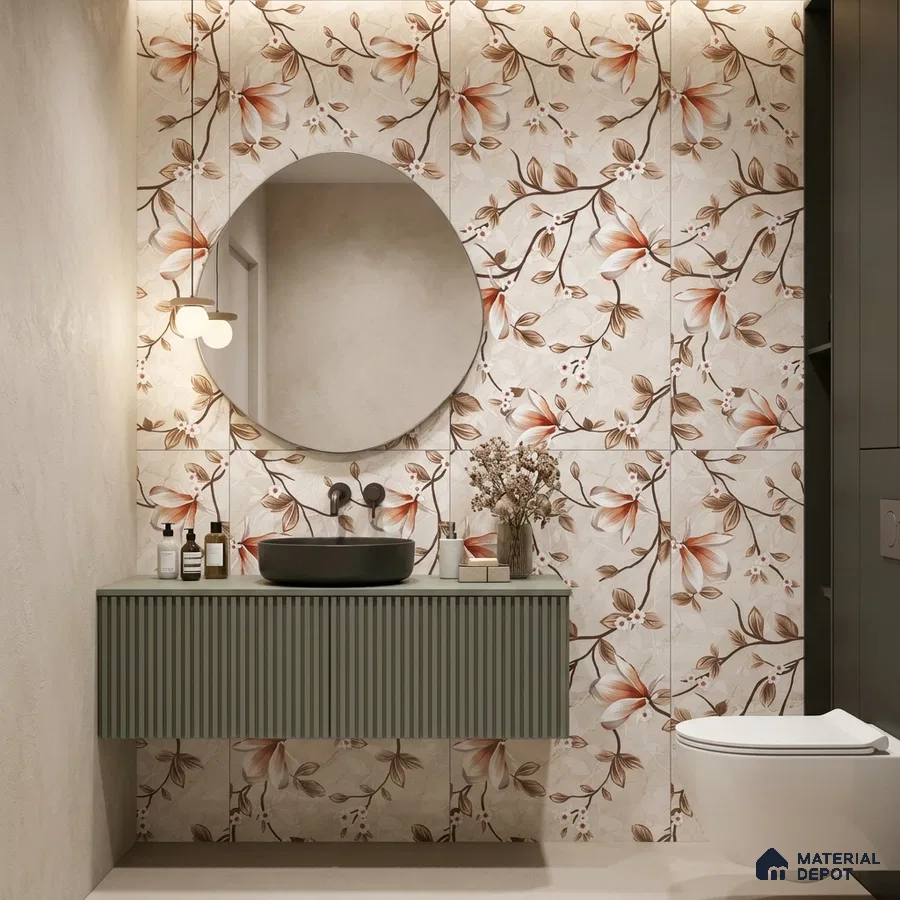 Modern bathroom with floral patterned wall tiles and sage green fluted vanity