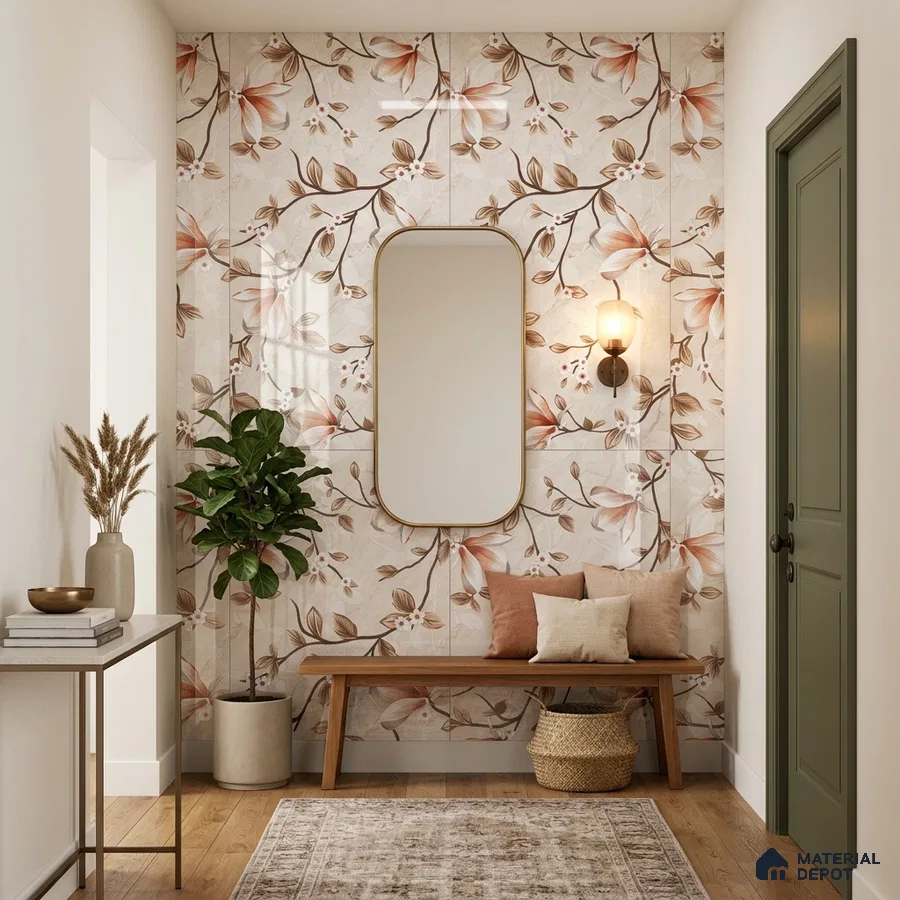 Modern foyer with floral tile, light wood bench, and oak wooden flooring