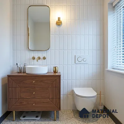 Mid-century Modern Bathroom with White Bevelled Subway Tile and Walnut Vanity