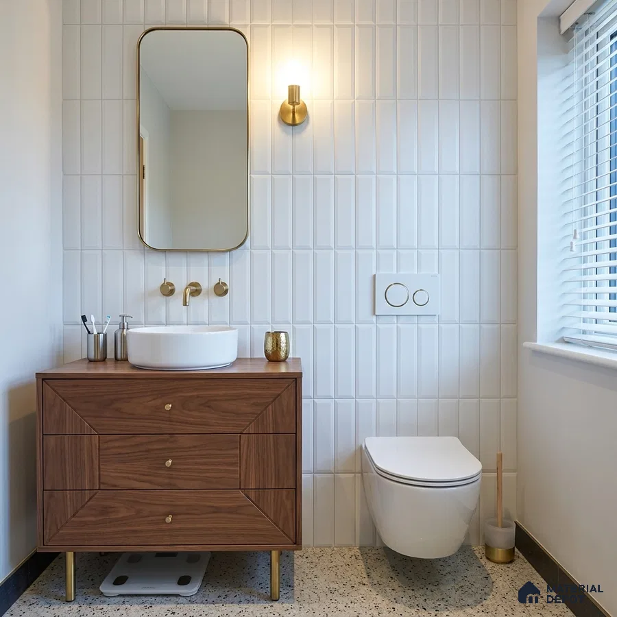 Mid-century Modern Bathroom with White Bevelled Subway Tile and Walnut Vanity