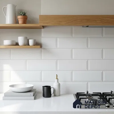 Modern Kitchen with White Bevelled Subway Backsplash Tile and Oak Shelving