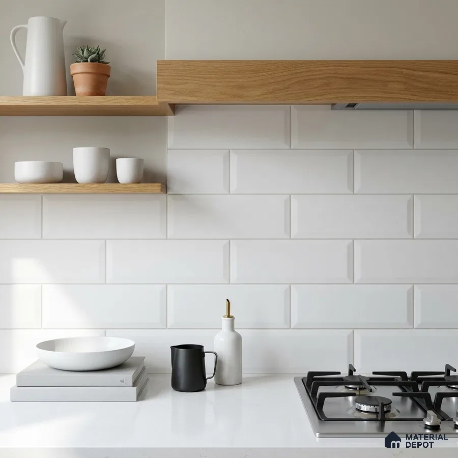 Modern Kitchen with White Bevelled Subway Backsplash Tile and Oak Shelving