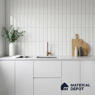 Minimalist Kitchen with White Glossy Bevelled Subway Backsplash Tile and Copper Tap