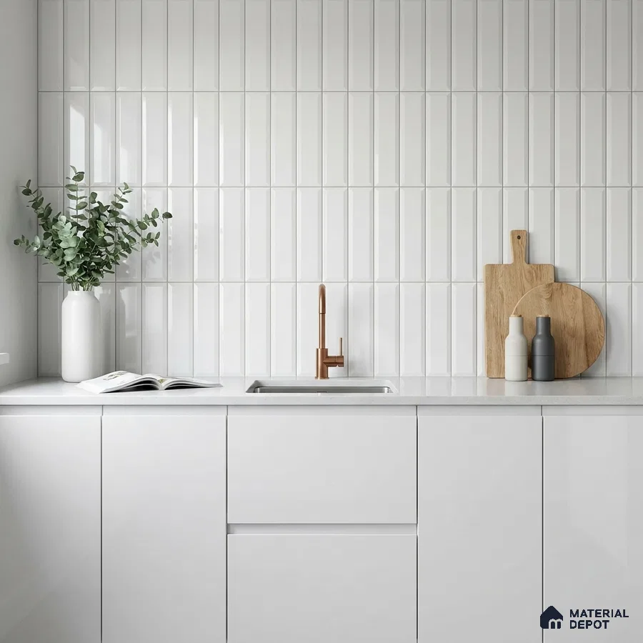 Minimalist Kitchen with White Glossy Bevelled Subway Backsplash Tile and Copper Tap