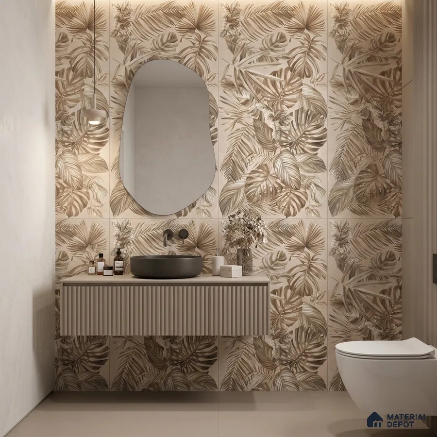 Modern bathroom with beige tropical floral wall tiles and fluted vanity