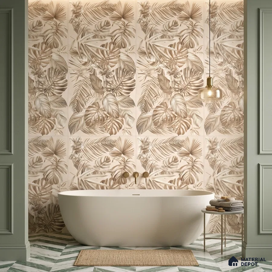Modern bathroom with beige tropical floral wall tiles and chevron marble floor tiles
