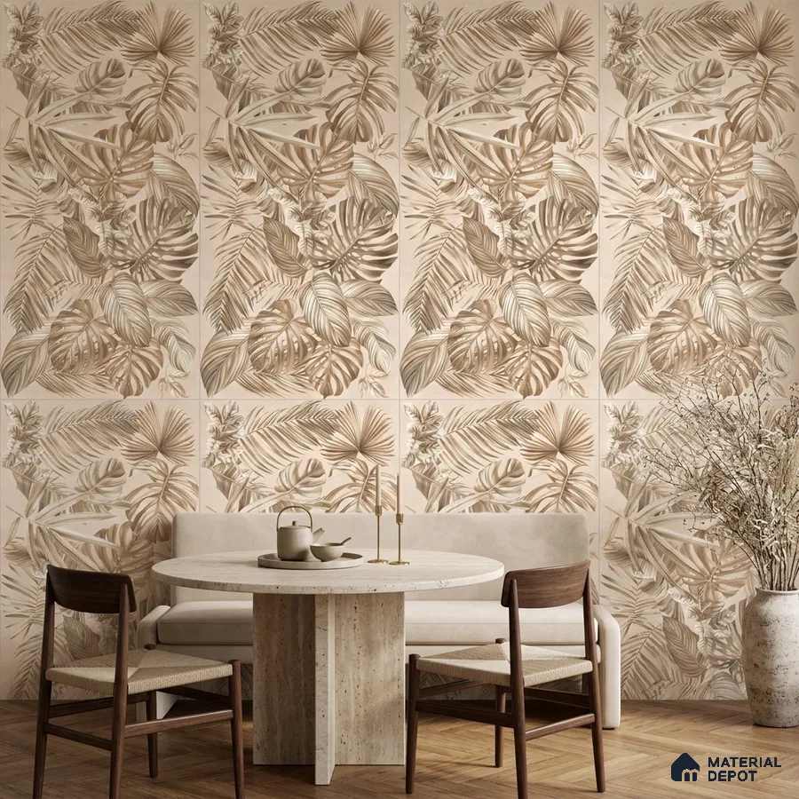 Scandinavian dining room with beige tropical tile and travertine dining table