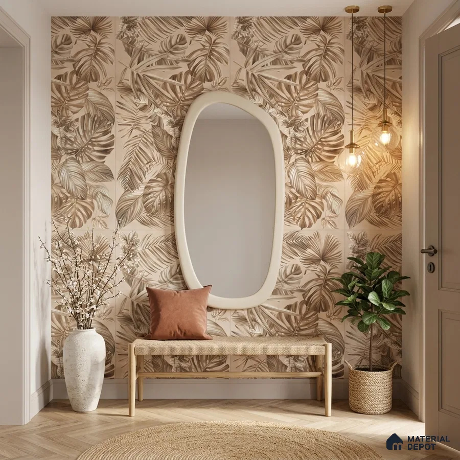 Scandinavian foyer with beige tropical tile and natural wood bench