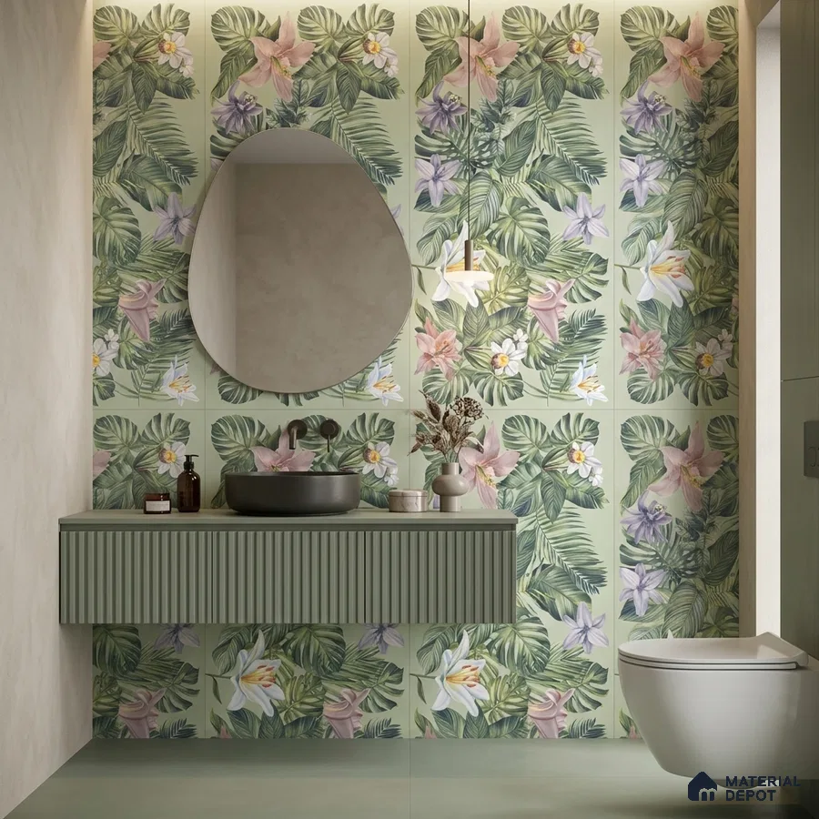 Modern bathroom with tropical floral highlighter wall tiles and sage green fluted vanity