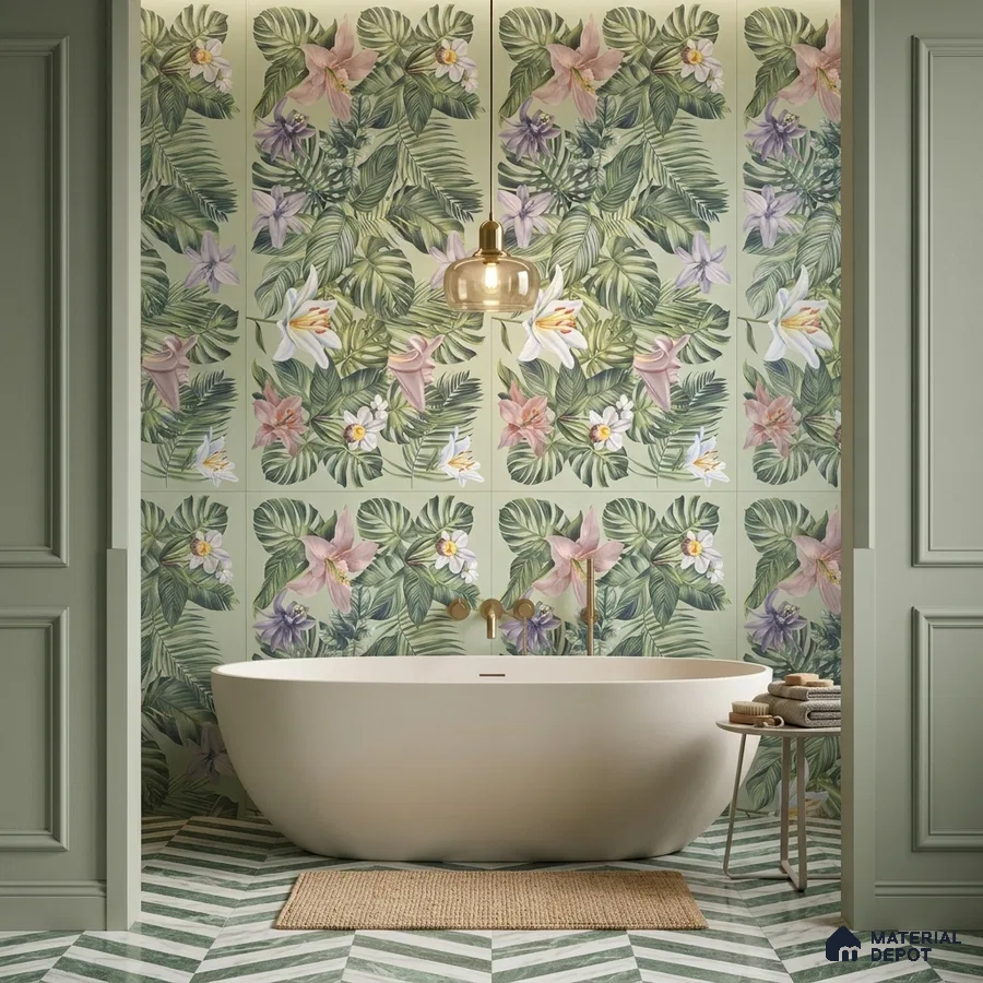Eclectic bathroom with tropical floral wall tiles and green chevron floor tiles