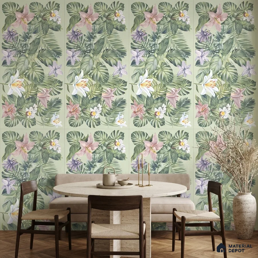 Eclectic dining room with tropical floral tile and light wood dining set