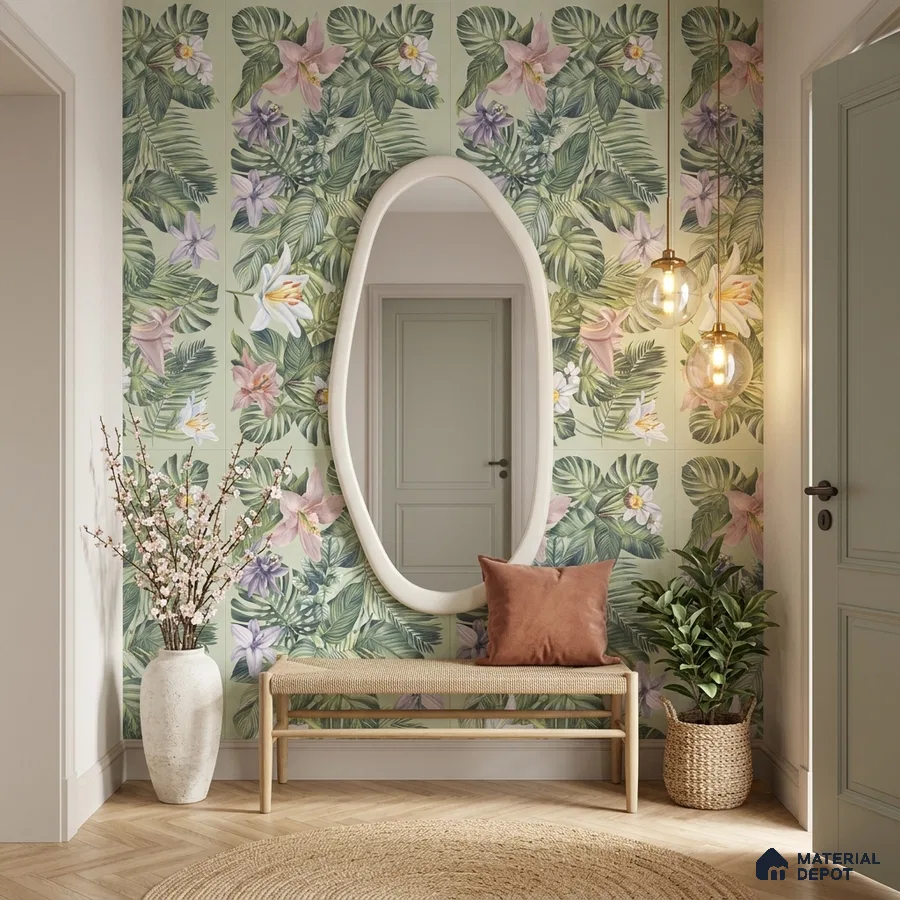 Scandinavian foyer with tropical floral tile and natural wood bench