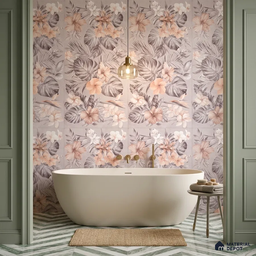 Modern bathroom with floral tropical wall tiles and chevron green and white floor tiles