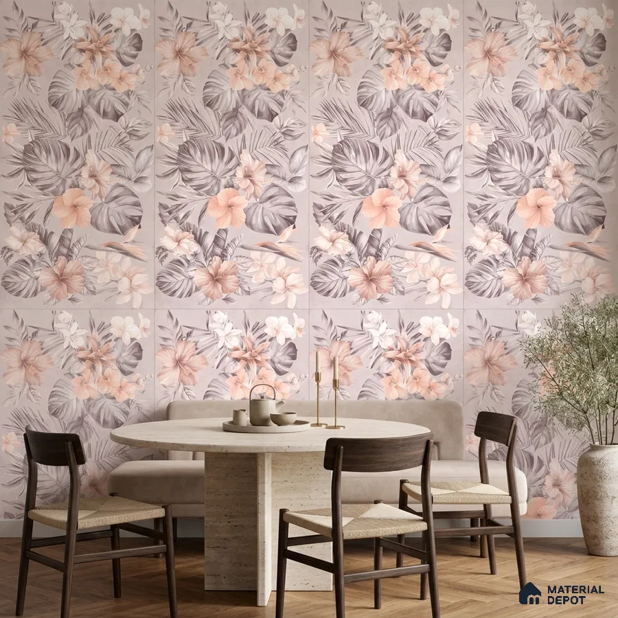 Modern dining room with pastel floral tile and travertine table