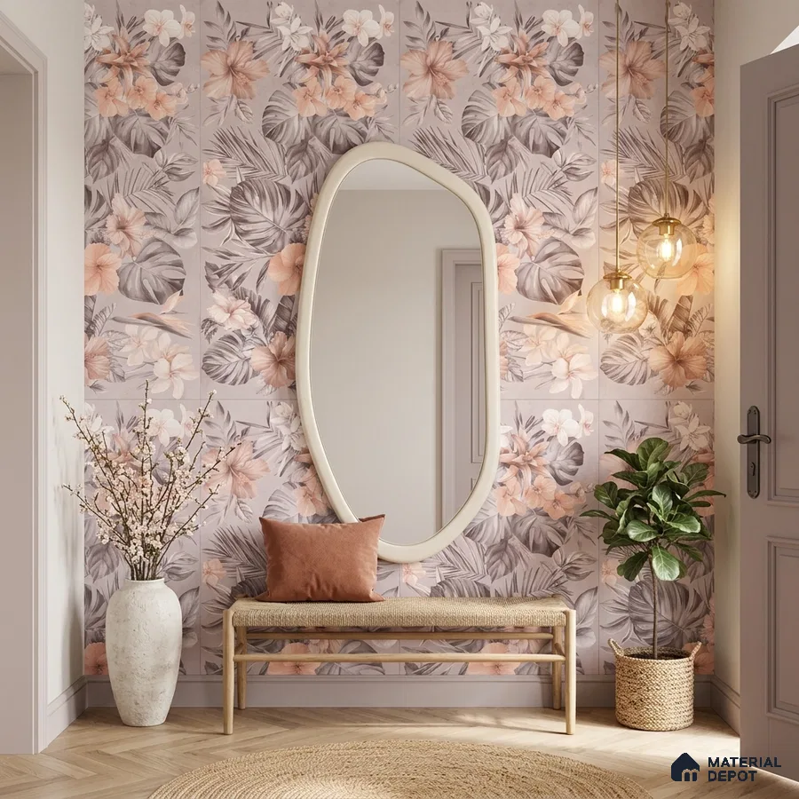 Scandinavian foyer with floral tile, natural wood bench, and herringbone wooden flooring