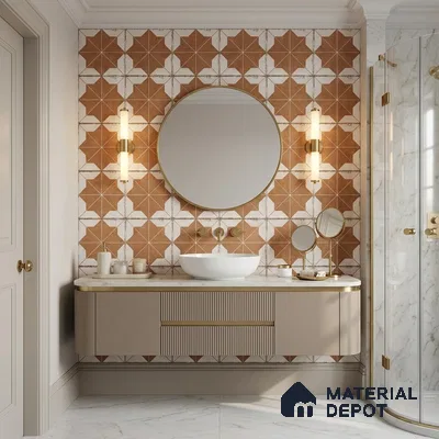 Modern Bathroom with Terracotta Geometric Star Pattern Wall Tile and Brass Fixtures