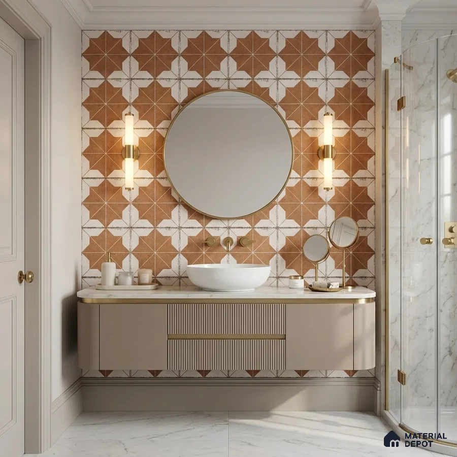 Modern Bathroom with Terracotta Geometric Star Pattern Wall Tile and Brass Fixtures