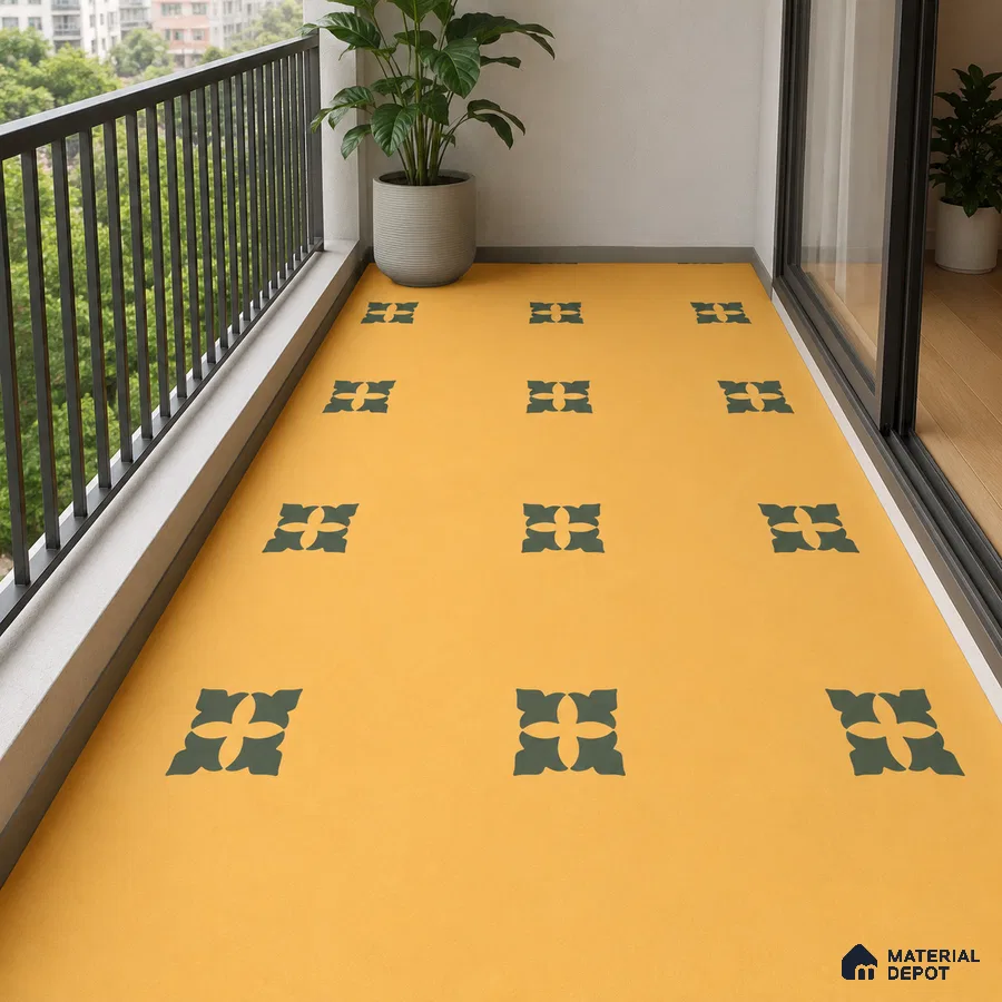 Mediterranean Balcony with Mustard Yellow and Green Floral Motif Floor Tile