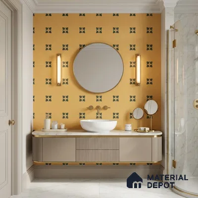 Modern Bathroom with Mustard Yellow and Green Floral Motif Wall Tile