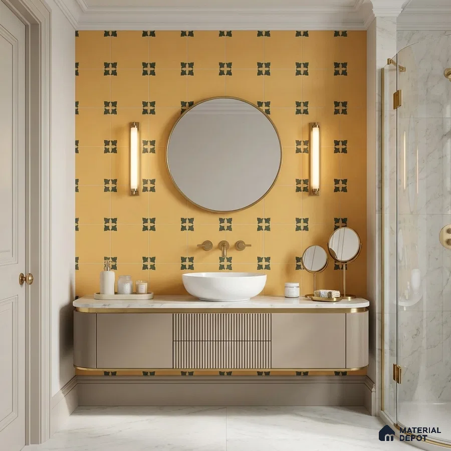Modern Bathroom with Mustard Yellow and Green Floral Motif Wall Tile