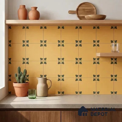 Mediterranean Kitchen with Mustard Yellow and Green Floral Motif Backsplash Tile