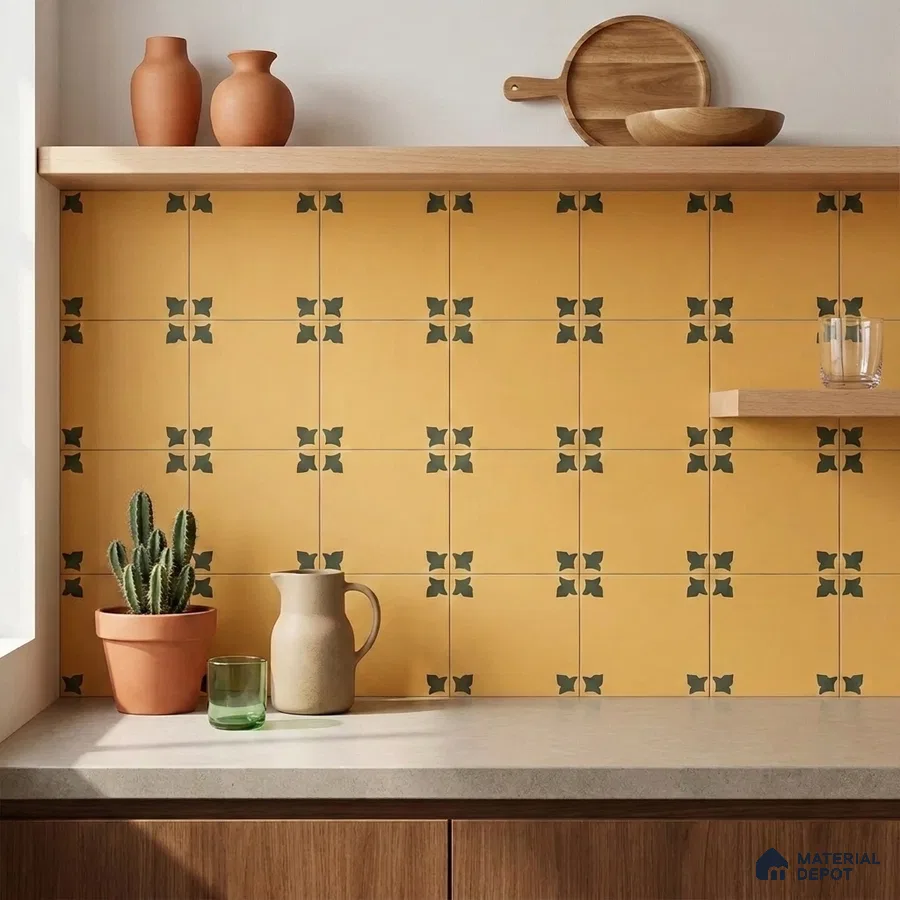 Mediterranean Kitchen with Mustard Yellow and Green Floral Motif Backsplash Tile
