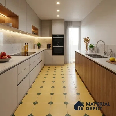 Modern Kitchen with Pale Yellow and Green Motif Floor Tile