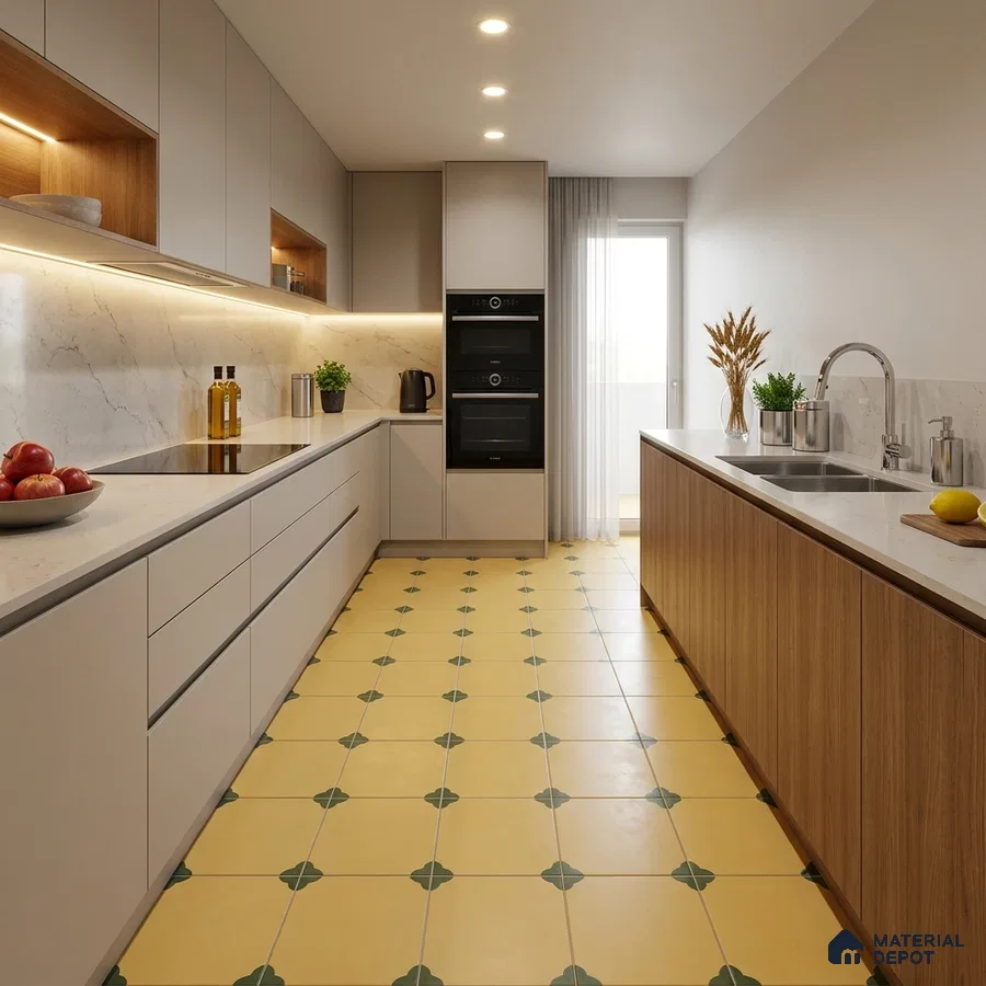 Modern Kitchen with Pale Yellow and Green Motif Floor Tile