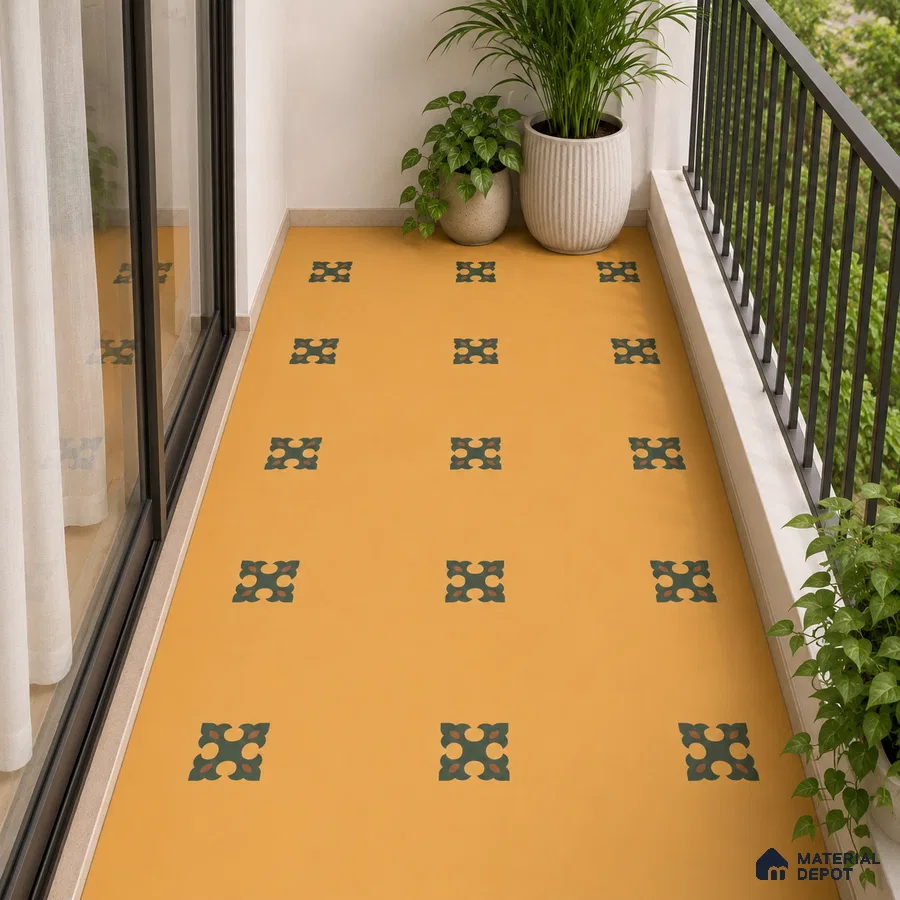 Mediterranean Balcony with Amber Yellow and Green Ornate Motif Floor Tile