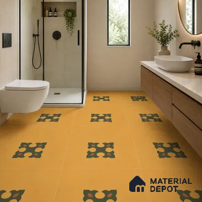 Modern Bathroom with Amber Yellow and Green Ornate Motif Floor Tile