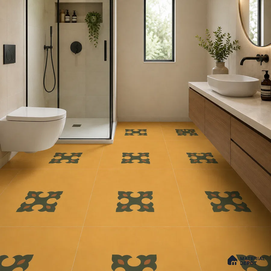 Modern Bathroom with Amber Yellow and Green Ornate Motif Floor Tile