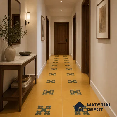 Mediterranean Foyer with Amber Yellow and Green Ornate Motif Floor Tile