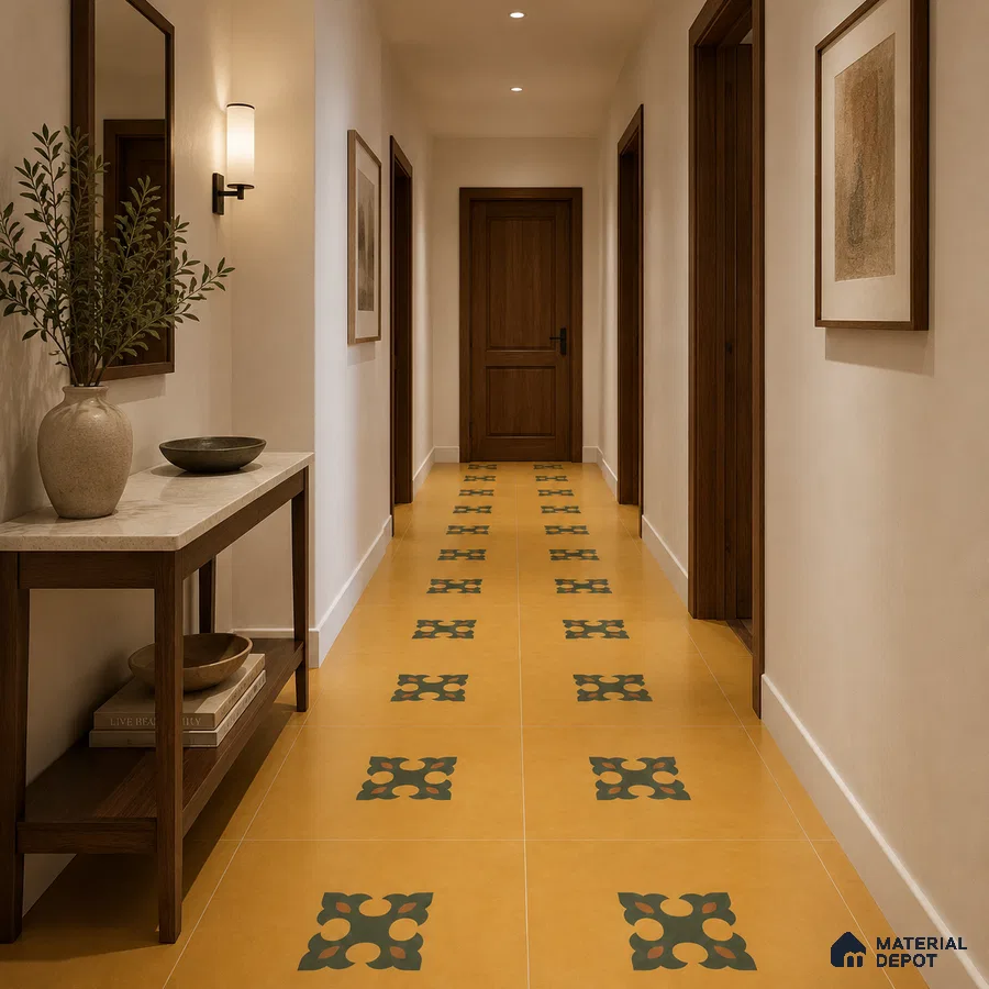 Mediterranean Foyer with Amber Yellow and Green Ornate Motif Floor Tile