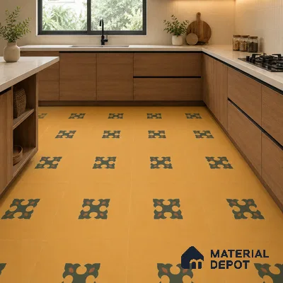 Modern Kitchen with Amber Yellow and Green Ornate Motif Floor Tile
