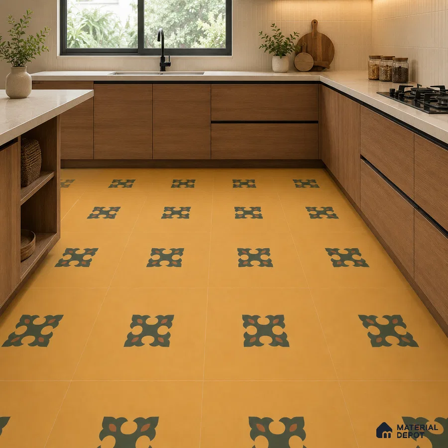 Modern Kitchen with Amber Yellow and Green Ornate Motif Floor Tile