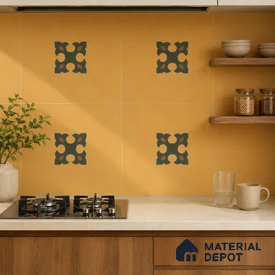 Mediterranean Kitchen with Amber Yellow and Green Ornate Motif Backsplash Tile