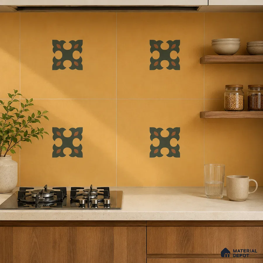Mediterranean Kitchen with Amber Yellow and Green Ornate Motif Backsplash Tile