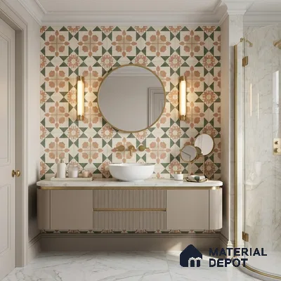 Modern Bathroom with Terracotta and Green Geometric Pattern Wall Tile